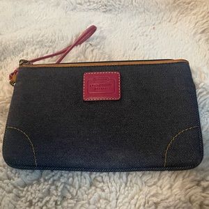 Coach denim Wristlet w/ pink nameplate